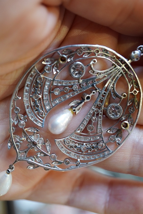 A fine Belle Epoque natural pearl and diamond pendant, circa 1910